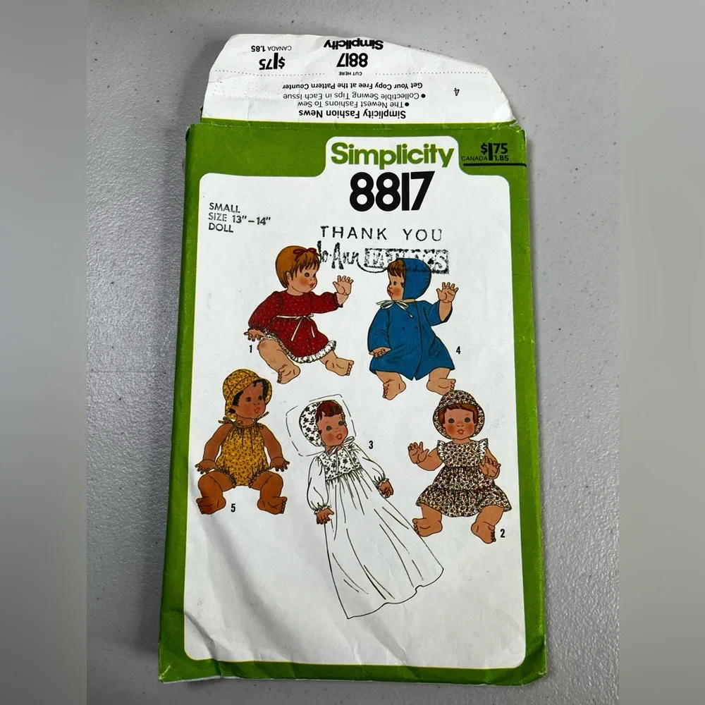 Vintage 1978 Simplicity 8817 Sewing Pattern for 13”-14” doll clothes, Cut